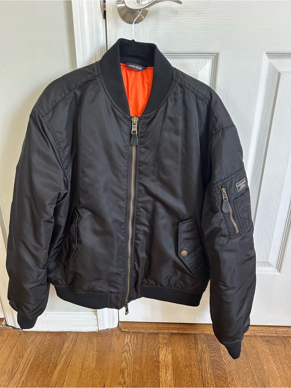 Guess Jeans Black Bomber Jacket w/ Orange Lining - Women’s Flight Jacket - LARGE